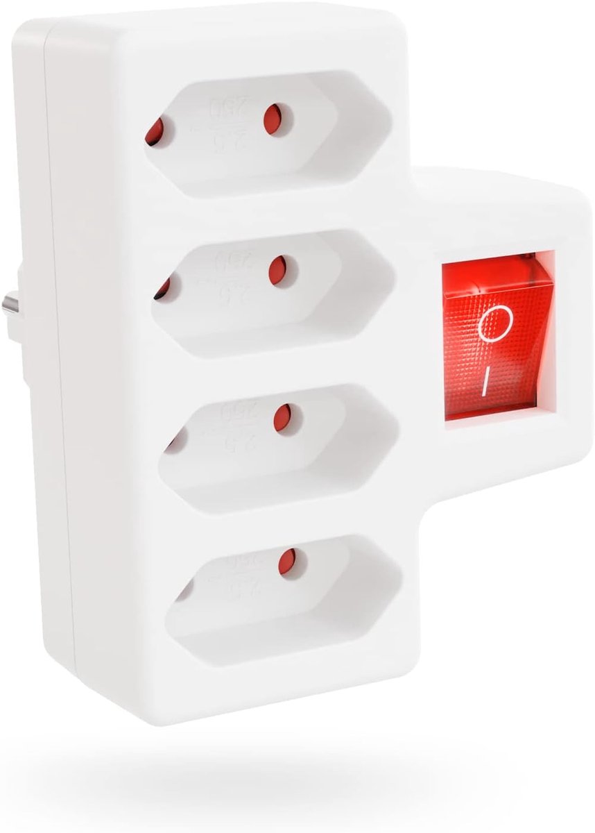 SnelShoppen - 4-voudige stekkeradapter met schakelaar - Max 2300W Euroconnector, meerdere stopcontacten zonder kabel, multisocket, wit