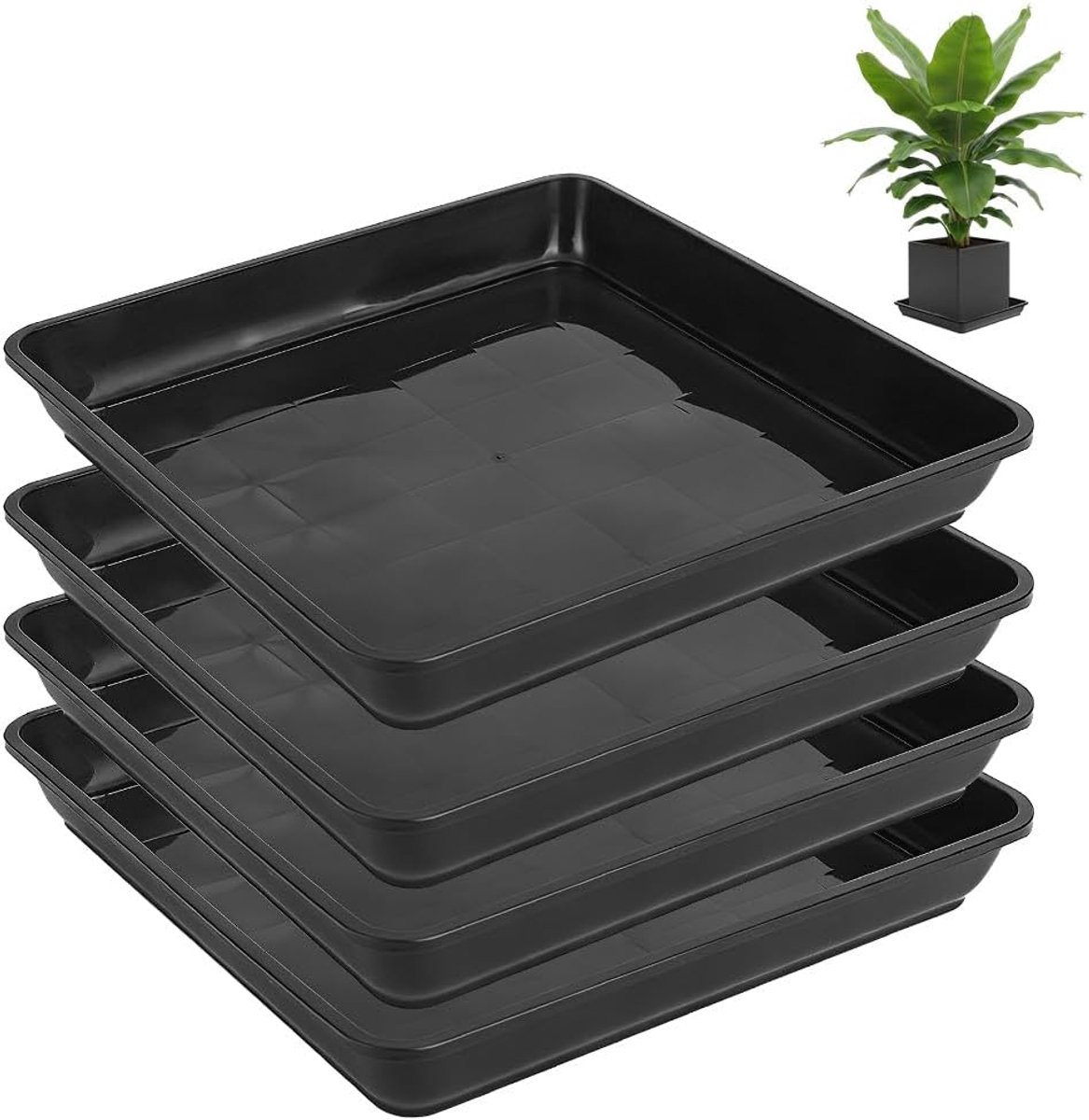 SnelShoppen - Set van 4 Rechthoekige Plantenonderzetters 29 x 29 cm - Zwarte Kunststof Bloempotonderzetters voor Binnen en Buiten, Plat en Stevig, Ide