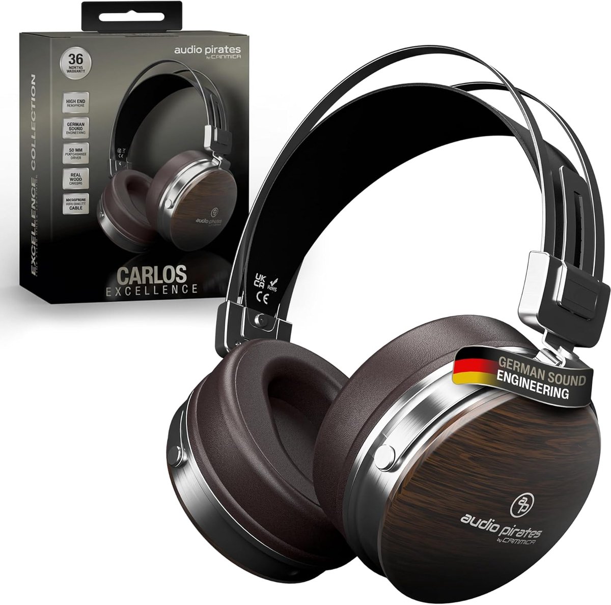 SnelShoppen - Over-Ear HiFi Hoofdtelefoon, Echt Houten Geluid, 50 mm Driver, 3 m Kabel + 1,5 m Kabel met Microfoon, 3,5 mm en 6,3 mm Adapter, Perfect