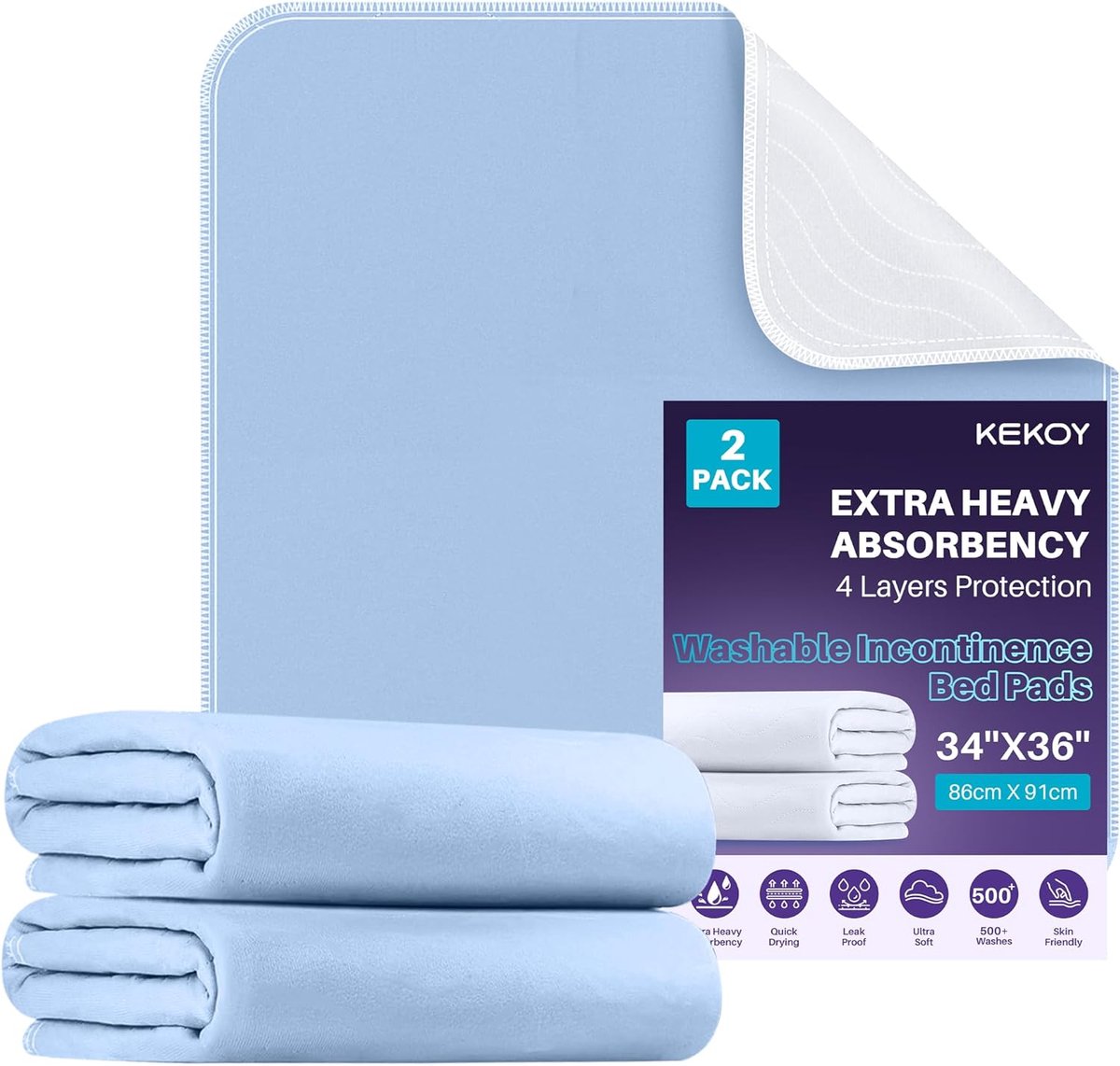 SnelShoppen - Wasbare Incontinentie Matten voor Kinderen, Volwassenen en Huisdieren - 4-Laags Beschermmat - 2-Pack 86.5x91.5cm - Super Absorberend, Po