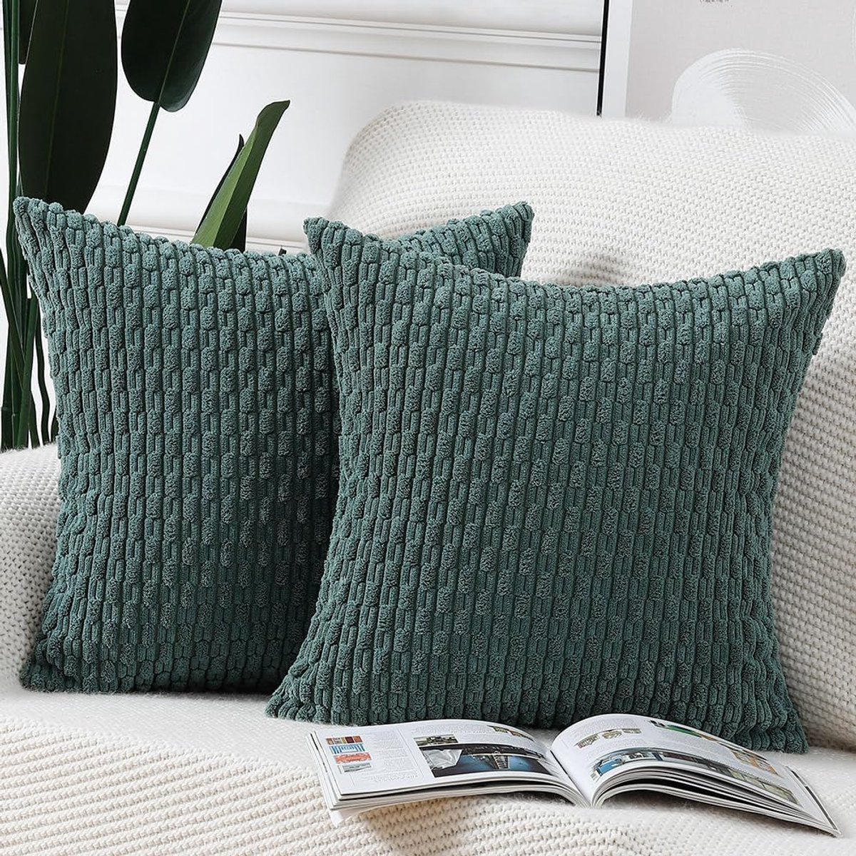 SnelShoppen - Set van 2 Corduroy Boho Kussenslopen 45x45cm Donkergroen - Zacht Decoratief Kussen voor Sofa en Slaapkamer