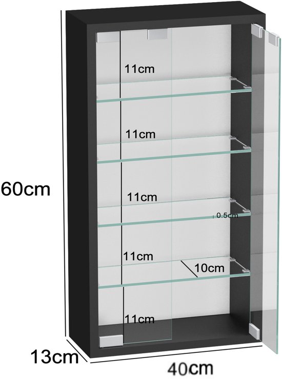 Zwart vitrinekastje met afmetingen: 60 cm hoog, 40 cm breed, 13 cm diep.