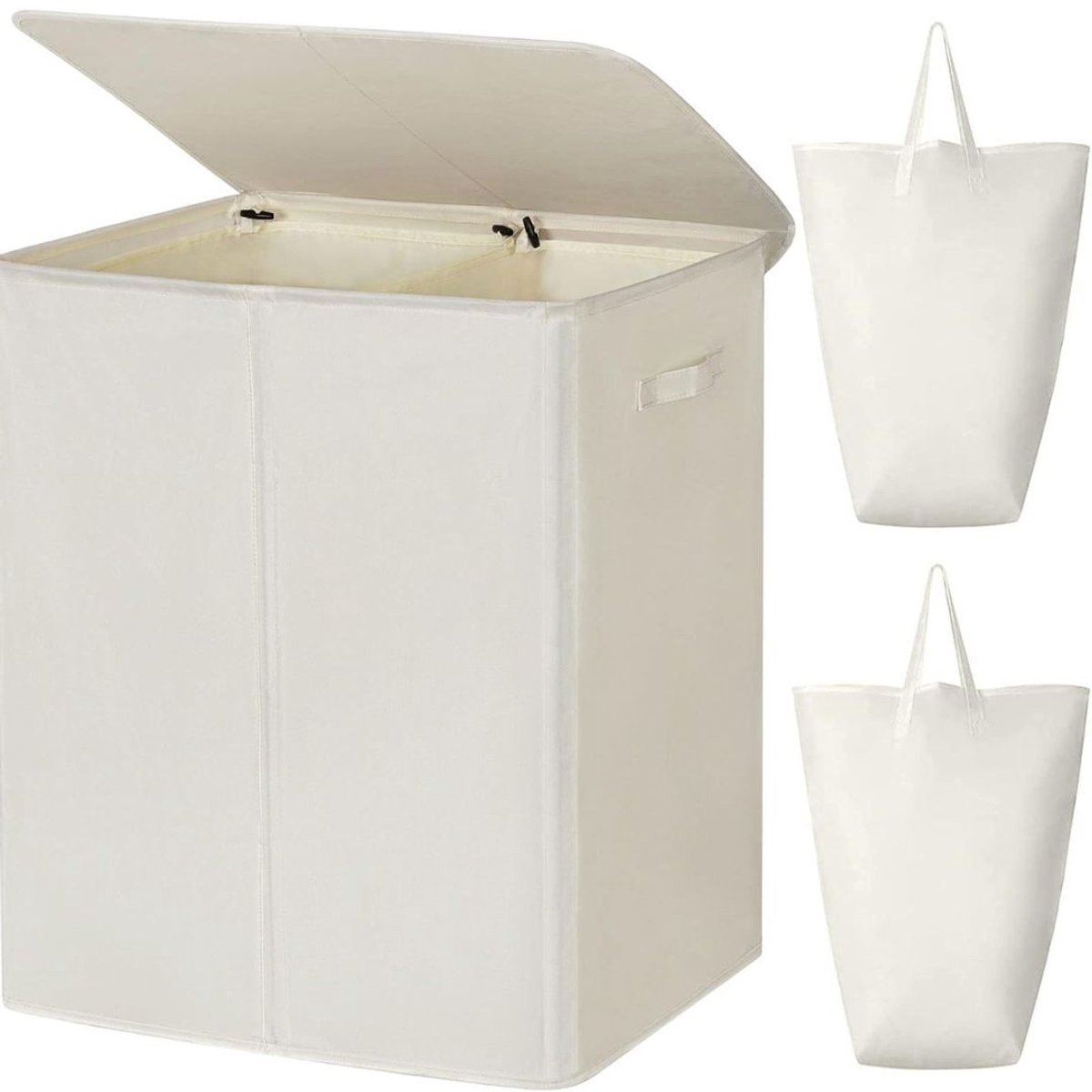KIRA® Wasmand - Wasmand 2 Vakken - Wasmand Met Deksel - Wit - 63cm x 37cm x 69cm