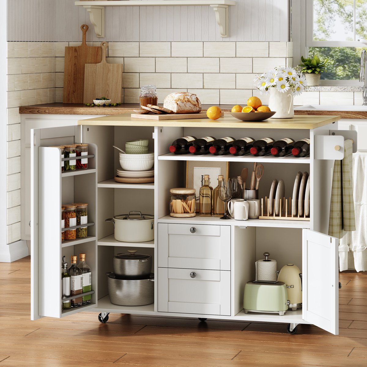 Clruro Keukeneiland - 104 x 45/69 x 89 cm - Klapblad met Wijnrek - 2 Laden en Handdoekhouder - MDF