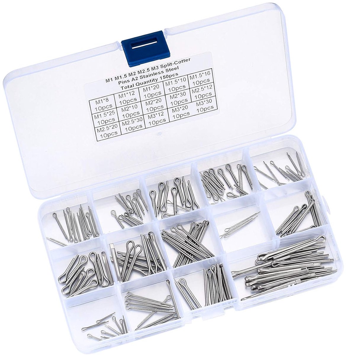 SnelShoppen - Set van 150 Stuks Cotter Pins Assortiment RVS Veerbouten met Opbergdoos, Locking Pins Set in 15 Verschillende Maten voor Auto's en Tuing