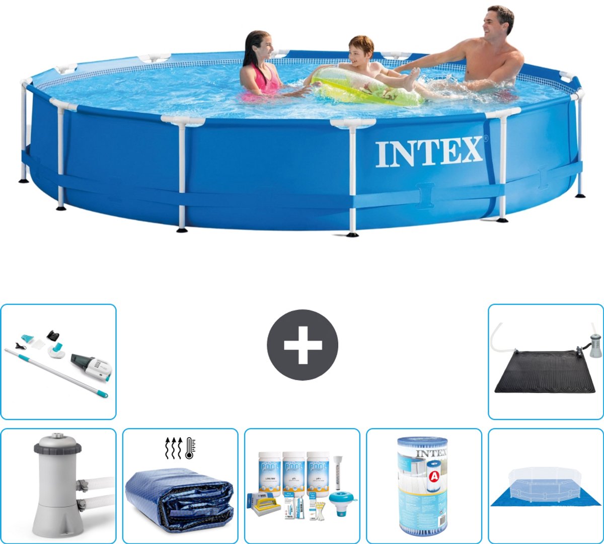 Intex Rond Frame Zwembad - 366 x 76 cm - Blauw - Inclusief Pomp - Solarzeil - Onderhoudspakket - Filter - Grondzeil - Stofzuiger - Solar Mat - 8-delig
