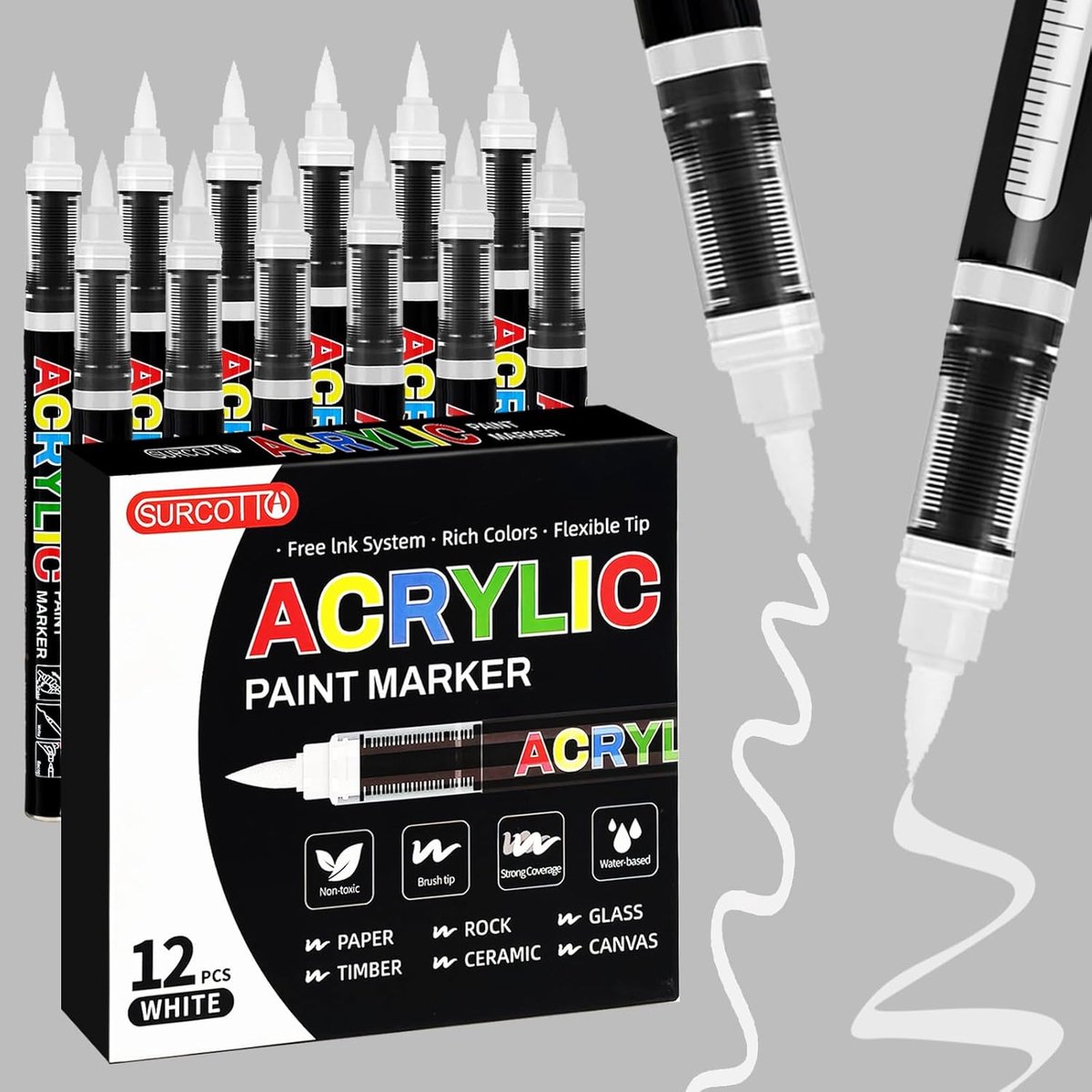 SnelShoppen - 12 Witte Acrylverf Stiften, Waterbasis Acryl Pens, Schilder Markers met Borsteltips voor Hout, Glas, Stenen, Textiel, en Papier - Ideaal