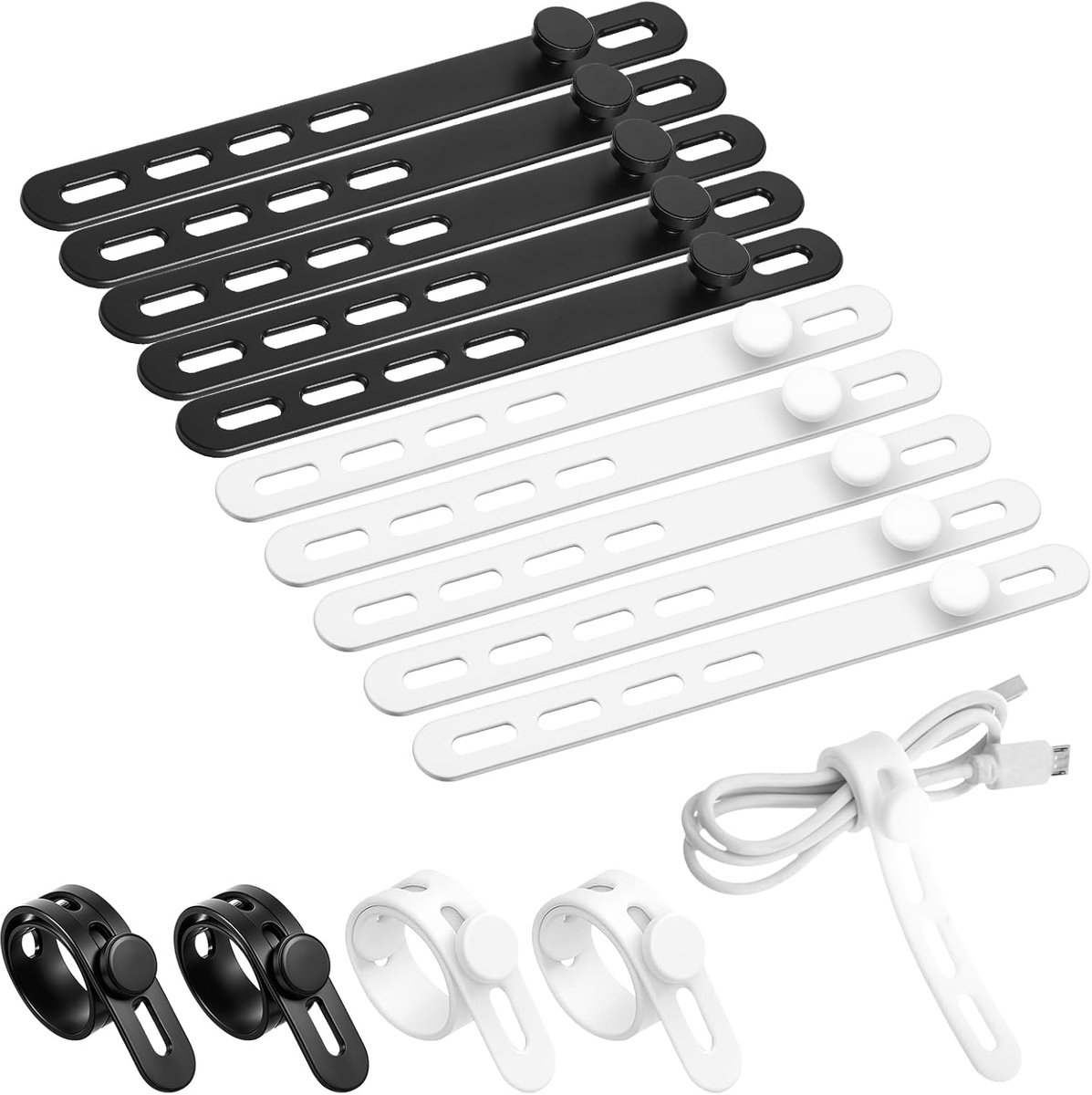 SnelShoppen - 10 Stuks Silicone Kabelbinders, Herbruikbare Kabel Organizer voor Bureau, PC Kabelbeheer, Zwart & Wit, Flexibel en Duurzaam