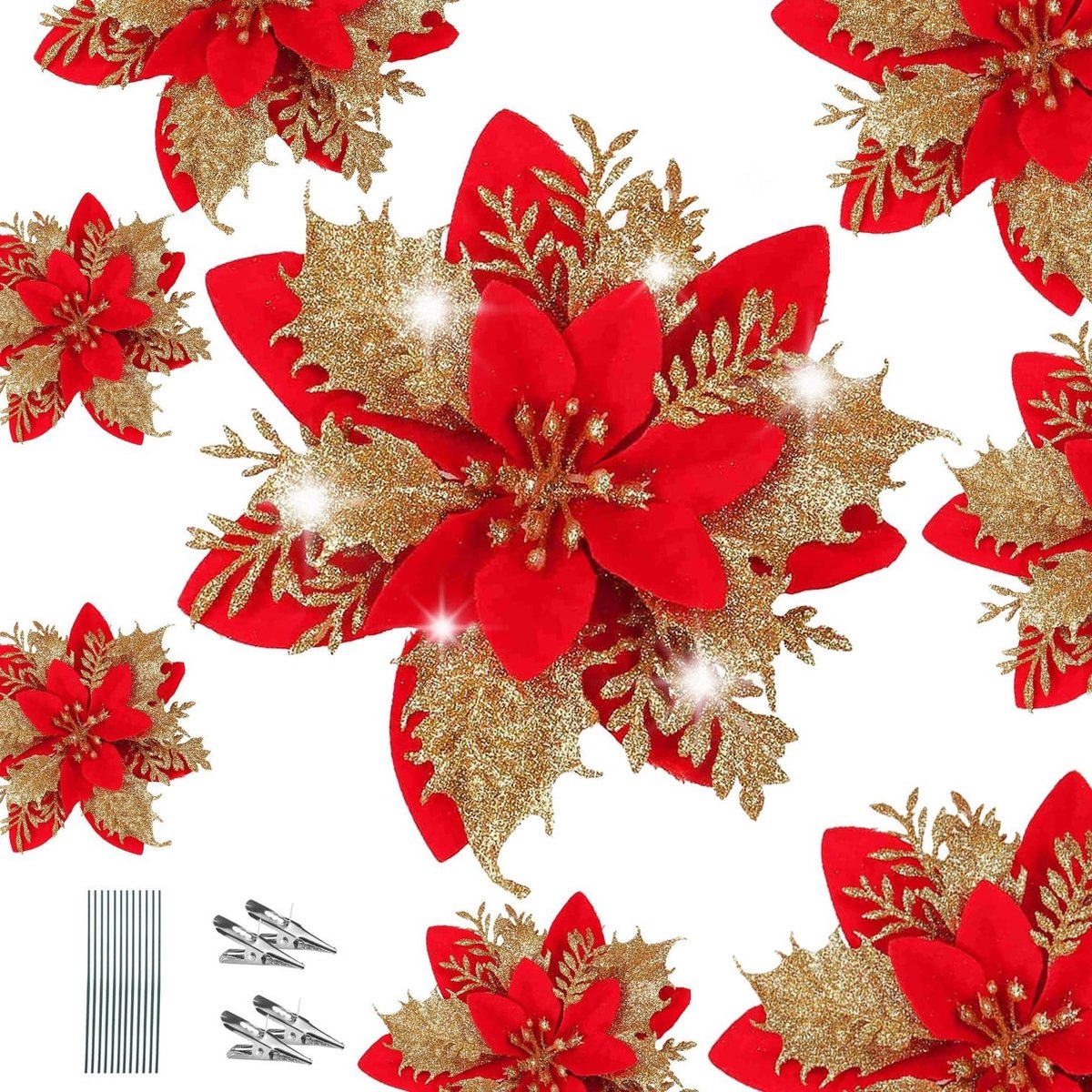 12 Stuks Glitter Kunstmatige Kerstster Bloemen met Stelen en Clips voor Bruiloft, Feestdagen, en Decoratie van Kerstboom