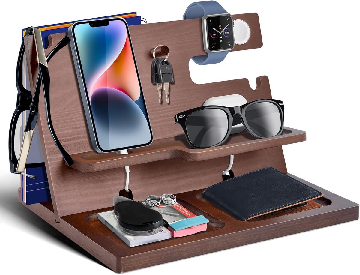 SnelShoppen - Houten Bedside Organizer Docking Station voor Smartphone, Tablet, Sleutels en Oordopjes - Perfect Cadeau voor Mannen, Vader, Verjaardag