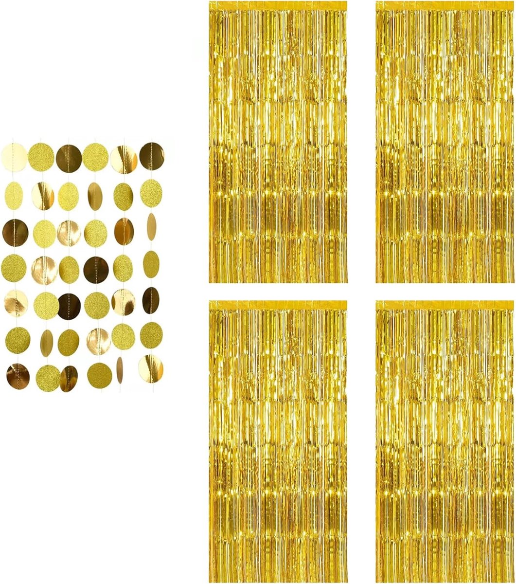 SnelShoppen - 4 Stuks Gouden Glitter Gordijnen met 1 Hangende Papieren Slinger - Lametta 1m x 2m Wanddecoratie voor Feest, Verjaardag, Bruiloft, Kerst