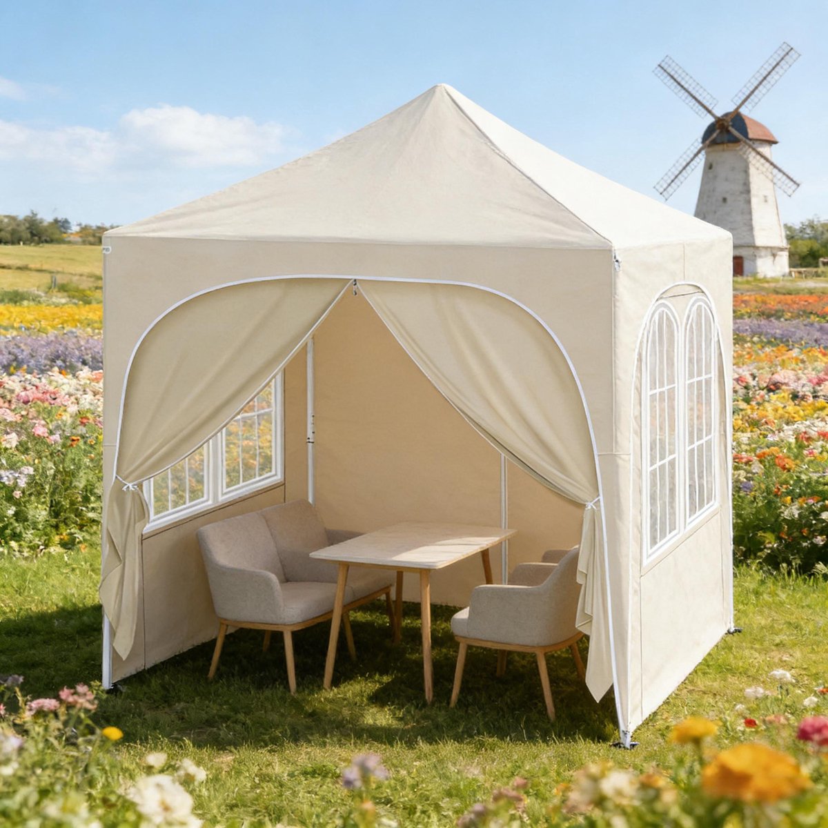 FloraGrace Partytent – 2 x 2 m Opvouwbaar En Hoogte Verstelbaar – Metaal En Oxford Stof – Beige – Met Afneembare Zijwanden