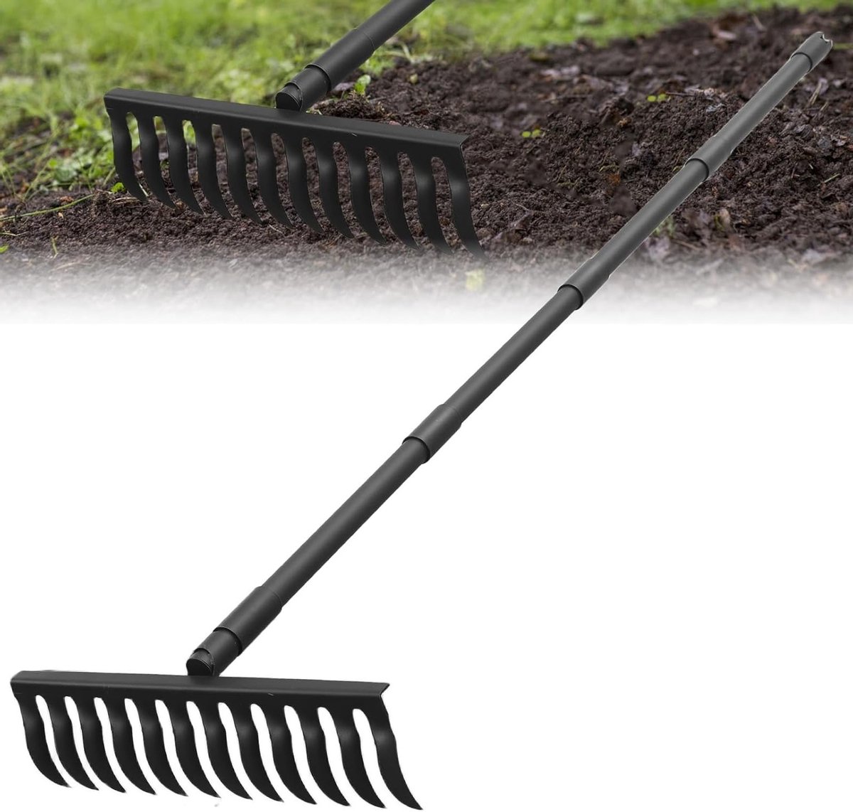 Zware Tuinhark van 200 cm met 12 Tanden en Verstelbare Handgreep voor Grondbewerking en Bladeren Verzamelen