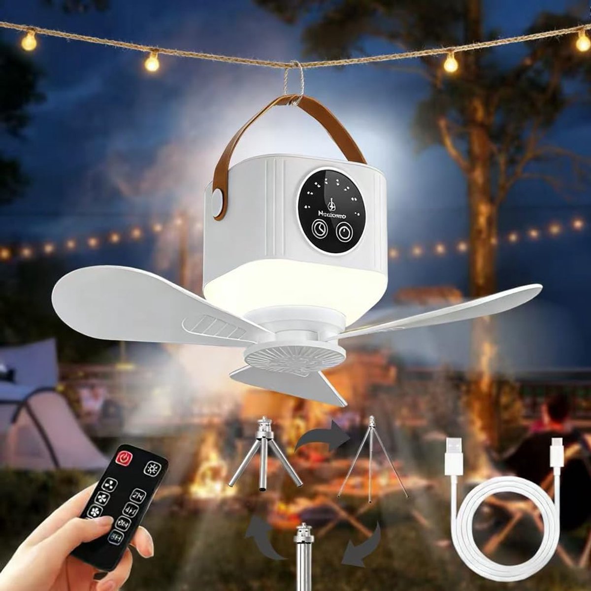 SnelShoppen - Accu-geventileerde Plafondventilator met Verlichting, Oplaadbare Campingventilator met Afstandsbediening, USB, Timer, Mobiele Ventilator