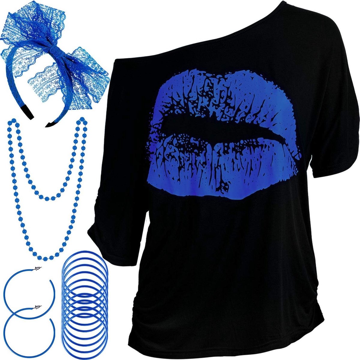80s Kostuumaccessoires Set voor Dames - Lippenprint T-Shirt, Kanten Haarband, Oorbellen, Kettingen en Armbanden voor Themafeesten in Royal Blue, XXL