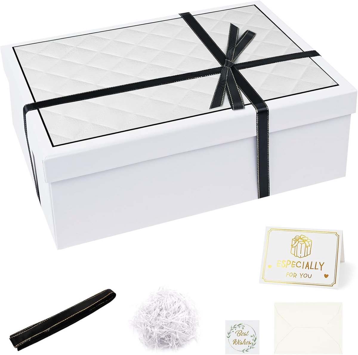 SnelShoppen - Cadeauverpakking met Deksel 25x18x8,5 Cm - Unisex Geschenkdoos voor Mannen en Vrouwen - Inclusief Snipperpapier, Lint en Wenskaart - Per
