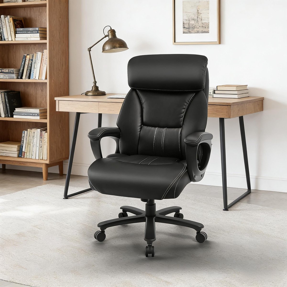 DESMIU Bureaustoel 67,5 x 77,5 x 127 cm - Ergonomisch Met Verstelbare Hoofdsteun En Lendensteun - Voor Kantoor En Werkkamer - Kunstleer Zwart
