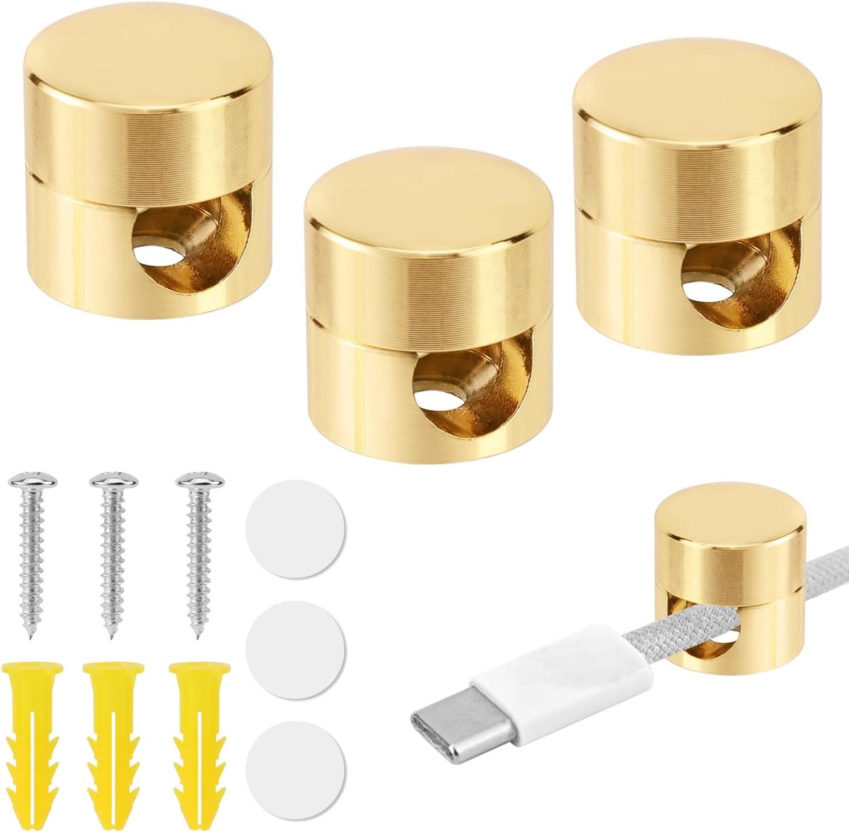 SnelShoppen - 3 Stuks Gold Kabelankers voor Bureau, Telefoon Oplaadkabel Clips, Aluminium Kabelbeheer Organizers voor Thuis, Kantoor, Wand, Bedzijde