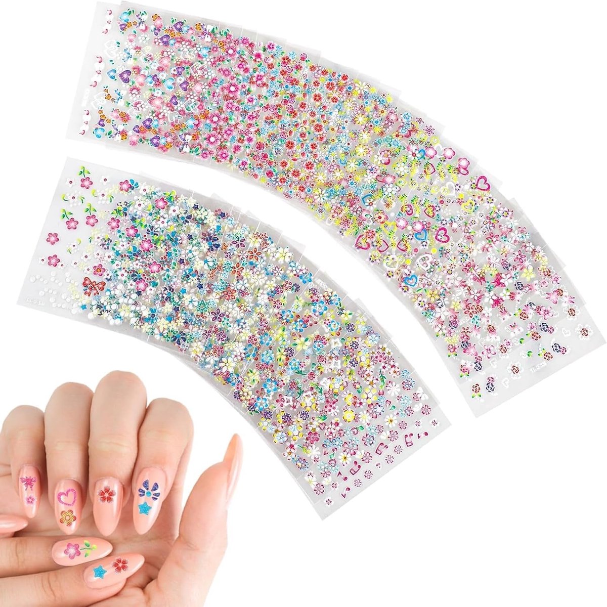 SnelShoppen - Pack van 30 Zelfklevende Bloem Nail Stickers, 3D Kleurrijke Hart Nagel Art Stickers, Schattige Ontwerpen voor Kinderen en Vrouwen, Nail