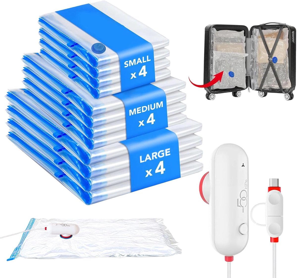 SnelShoppen - 12 Stuks Reusable Vacuum Bags voor Kleding met USB Elektrische Pomp, Ruimtebesparende Opbergzakken voor Kleding, Dekens en Reizen, 3 Mat