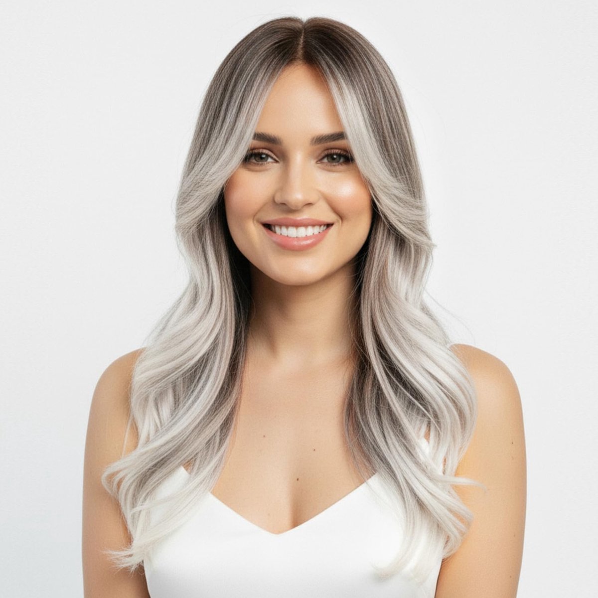 SnelShoppen - Lange Wavy Wimpersynthese Haarwig 24 Inch met Donkere Ombre naar Zilvergrijs - Lichte Bruine Krullen voor Vrouwen - Perfect voor Feest o