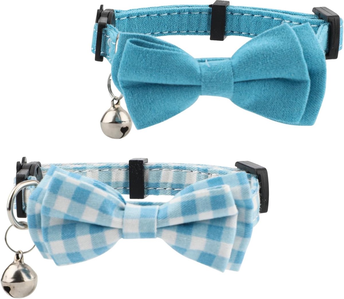 SnelShoppen - 2x Kattenhalsband met Bel en Strikje - Verstelbare Degradable Cat Collars - Schattige Blauwe en Geruite Hondenhalsband voor Puppies en K