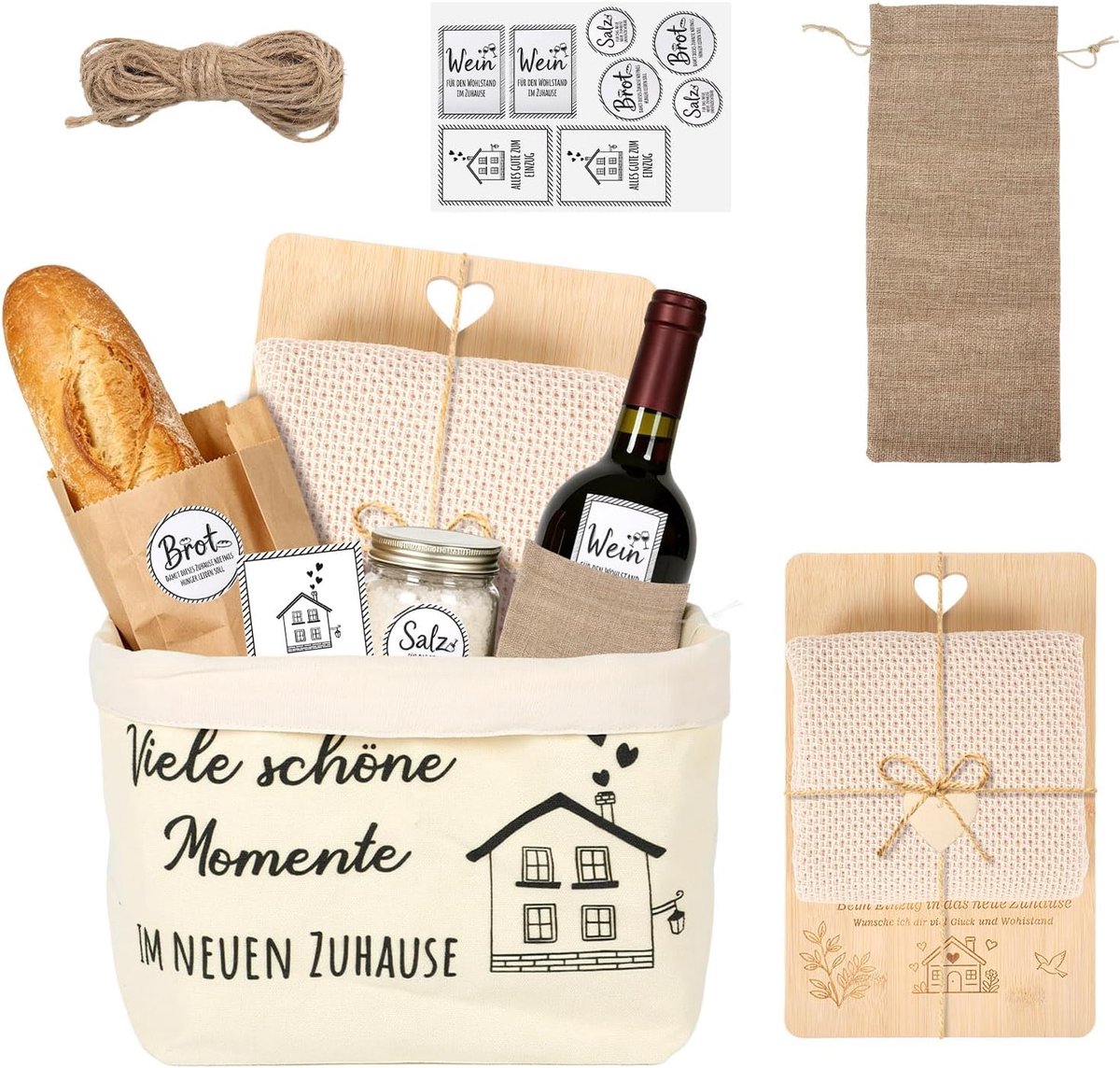 SnelShoppen - Inwijdingscadeau Woning Set - Houten Snijplank, Katoenen Keukendoek, Stoffen Broodmand, Wijnzak met Stickers - Perfect Housewarming Cade