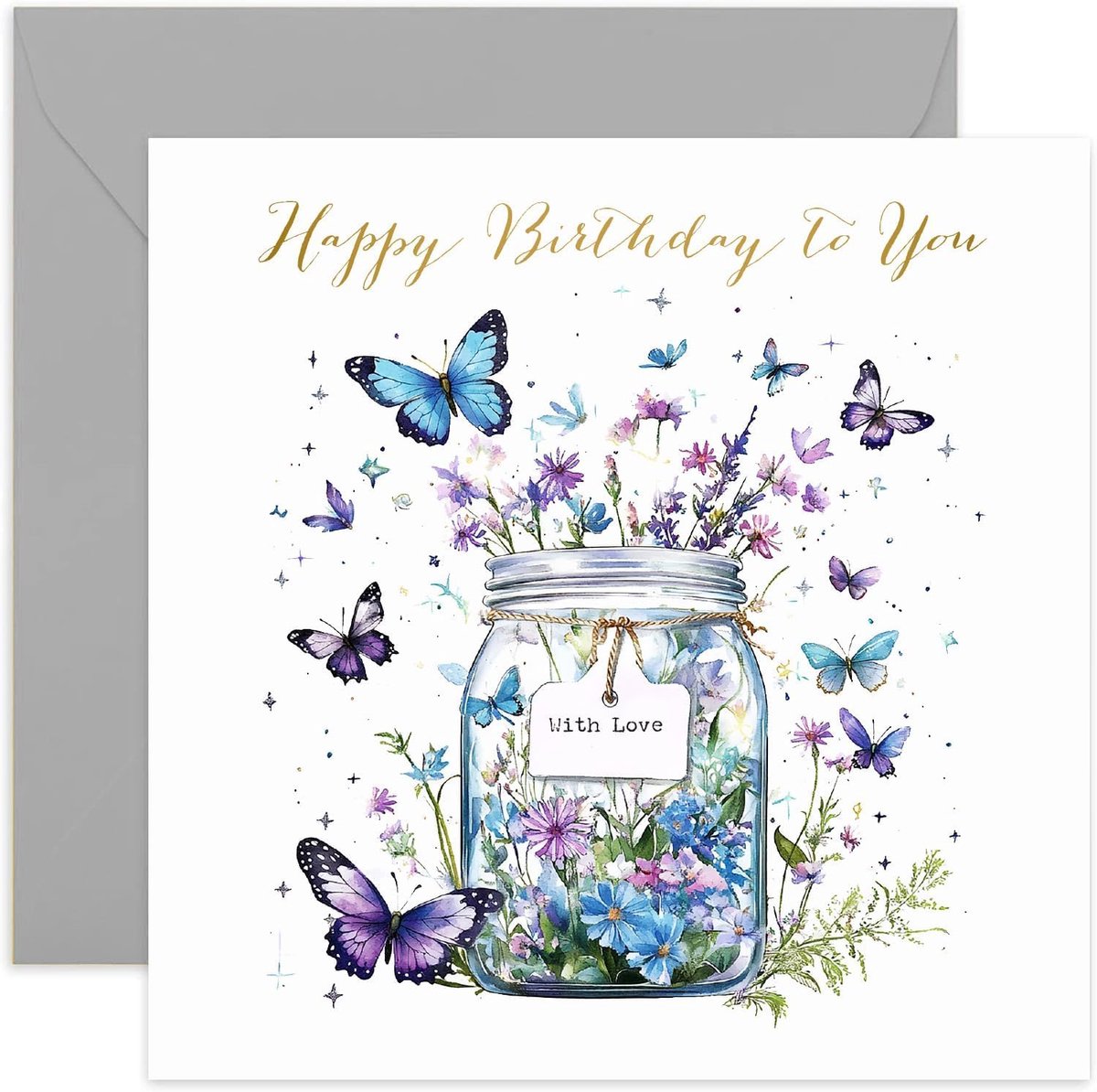 SnelShoppen - Butterfly Jar Verjaardagskaart voor Haar, Elegante Kaarten voor Vrouwen, Vleermuis Illustratie 'With Love' - Voor Moeder, Grootmoeder, Z