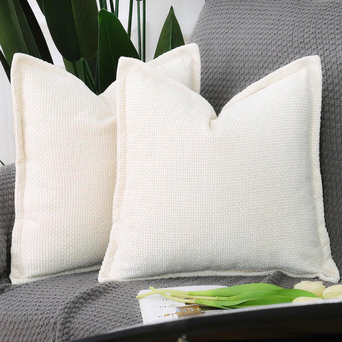 SnelShoppen - Set van 2 Zachte Korte Chenille Velvet Franje Kussenhoezen Decoratieve Kussenhoezen voor Sofa Slaapkamer 60x60cm Crème