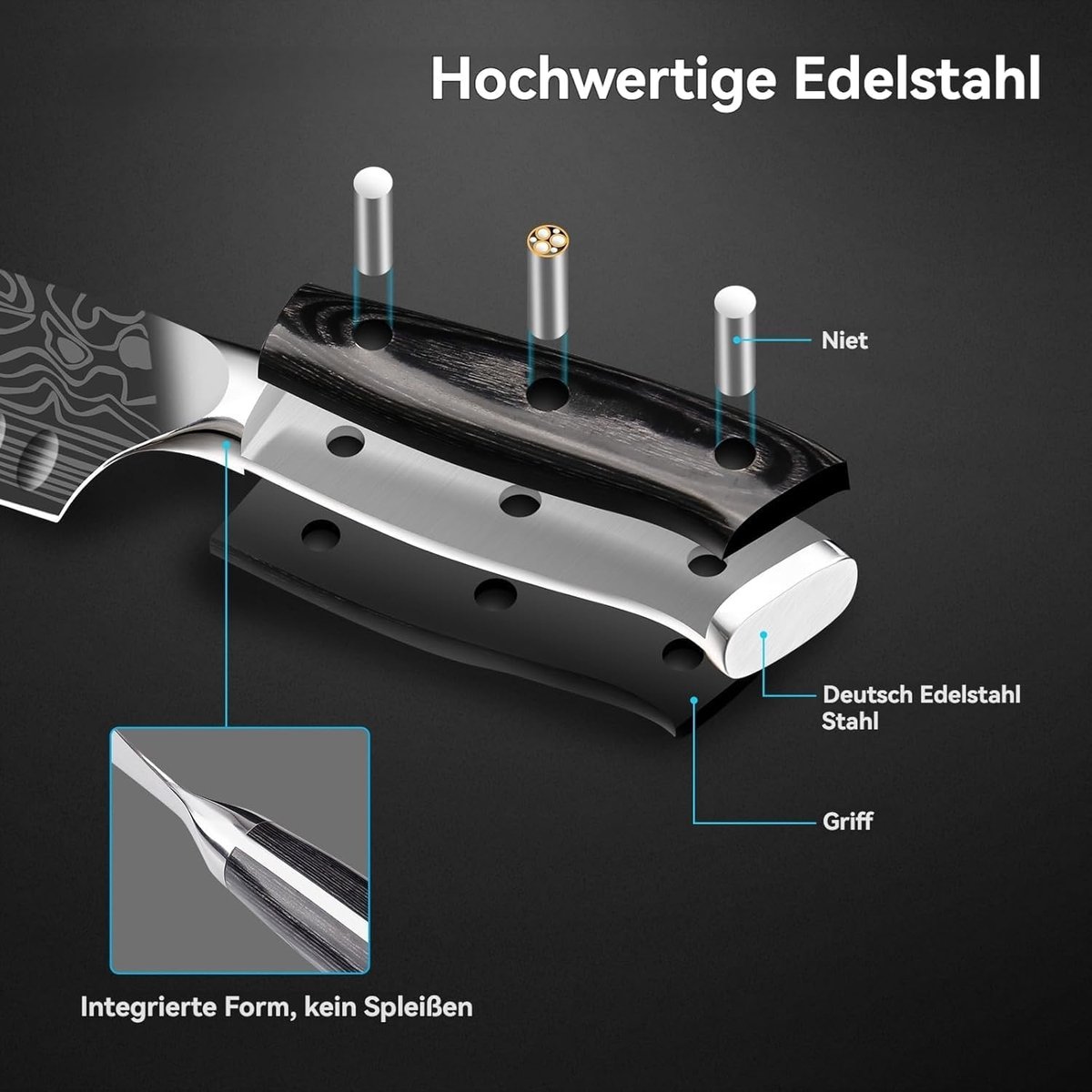 SnelShoppen - Santoku Koksmes, Professioneel Keukenmes van EN.4116 Roestvrij Staal, Scherp Blad met Vingerbescherming, Inclusief Messenslijper in Cade