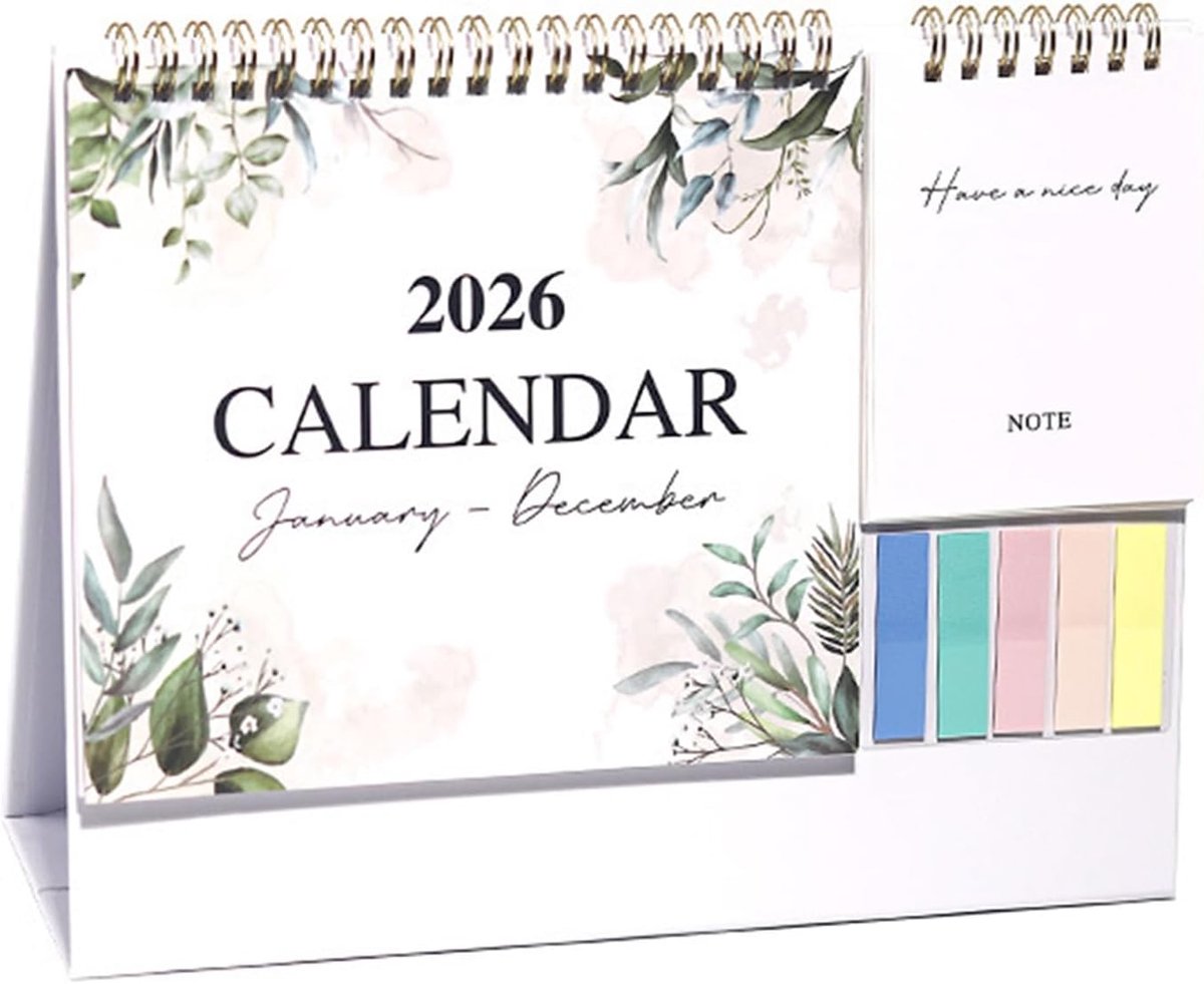 SnelShoppen - Multifunctionele Tafelkalendar 2026, Januari tot December, Bureau Kalender met Notitieblok en Kleurrijke Labels voor Thuis, Kantoor, Sch