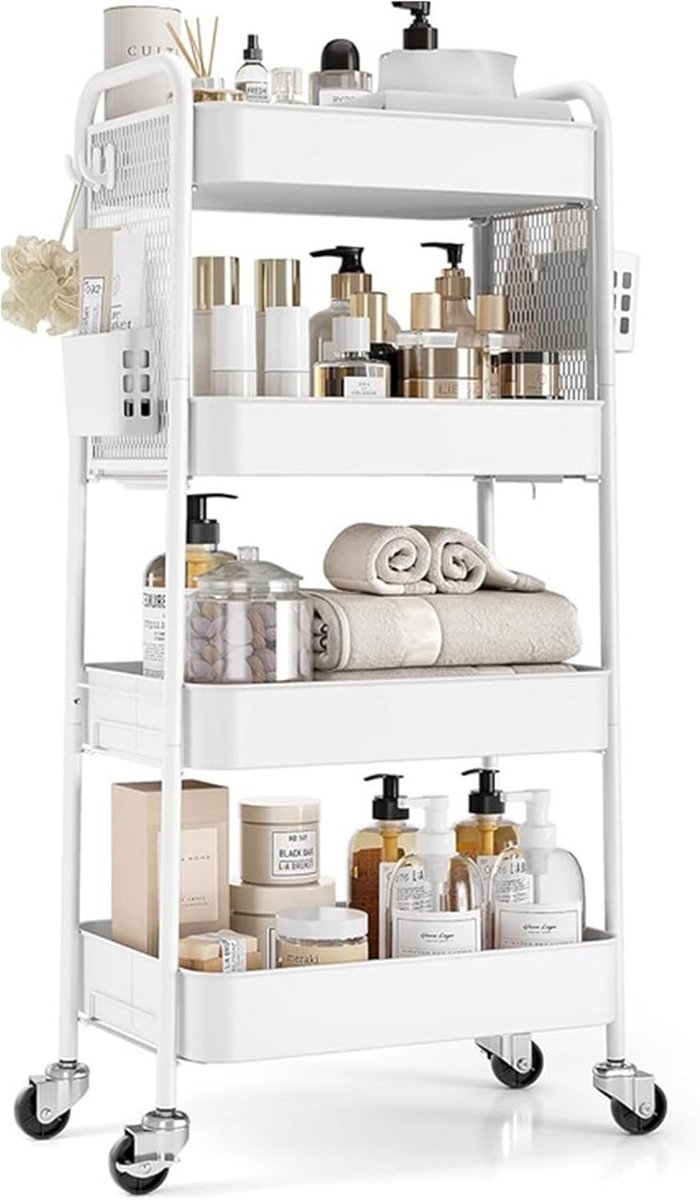 SnelShoppen - Wheeled Storage Cart 4 Laags Trolley met Pegboards, Handtrays en Haken voor Keuken, Badkamer, Woonkamer, Kantoor, Wit