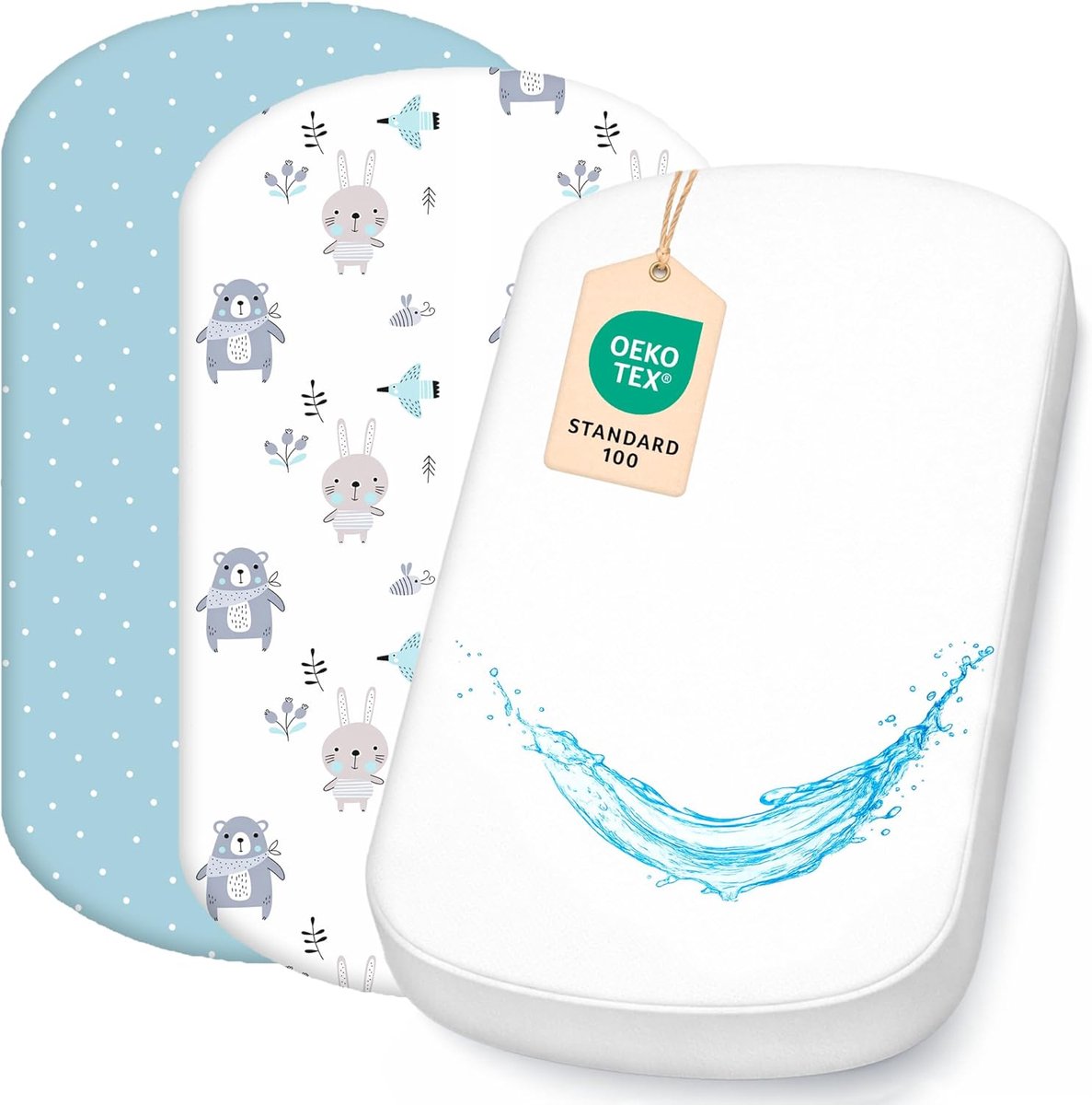 SnelShoppen - 2 x Fitted Sheet 100% Katoen + 1 x Matrasbeschermer, Waterdicht, Set 3X - Geschikt voor Kinderbed, Wieg (Blauw, 43 x 83 cm)