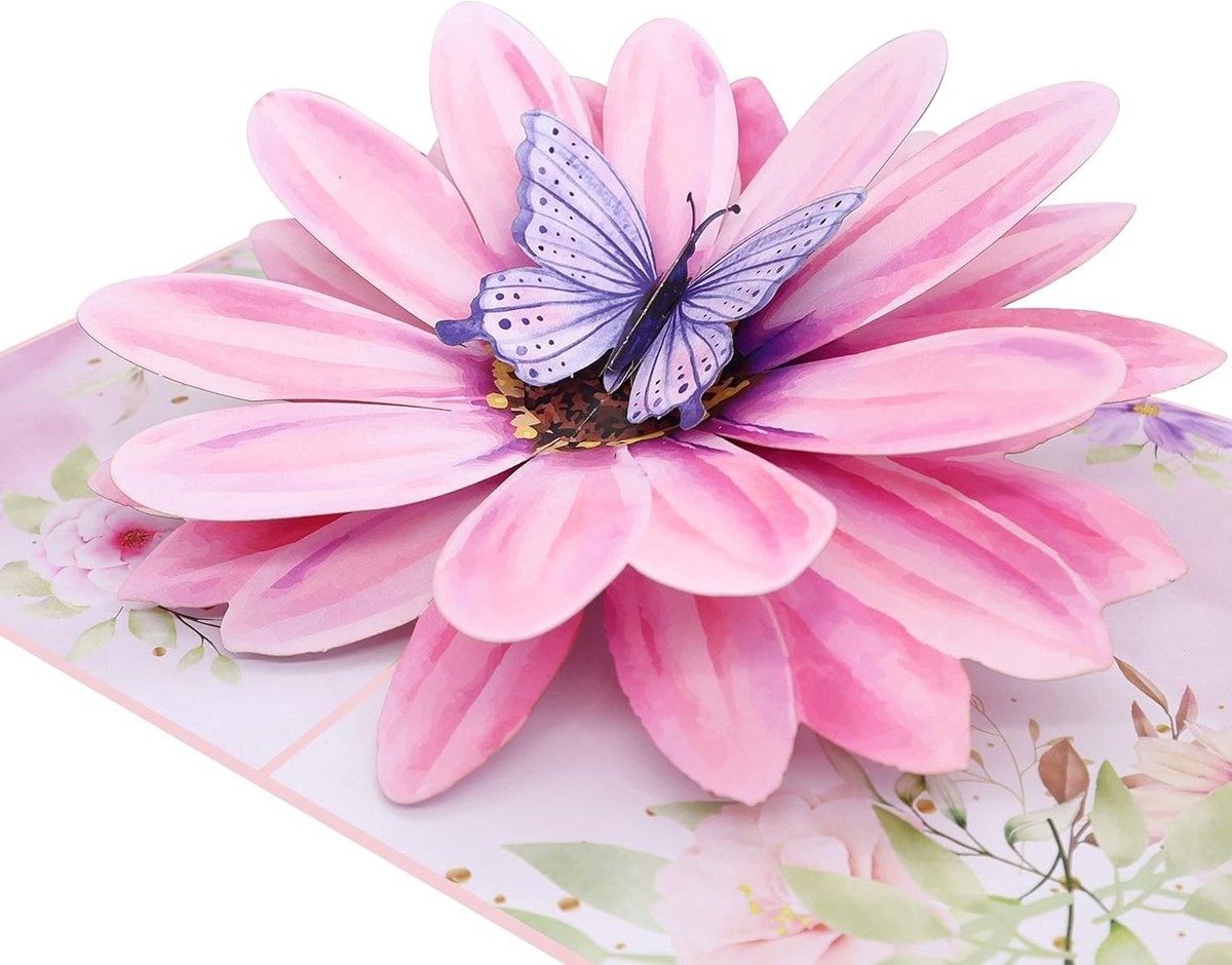 SnelShoppen - 3D Bloemen Kaart met Vlinder - Pop-Up Verjaardagskaart met Envelop - Unieke Gefeliciteerd Kaart voor Moeder, Vriendin, Zus, en Meer
