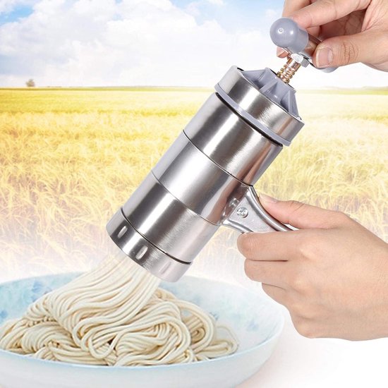 SnelShoppen - Handmatige Noodle Machine - RVS Pasta Maker voor Thuis, Restaurant, Camping en Reizen - 5 Die Heads - Verstelbare Dikte - Duurzaam en Ro van Snelshoppen — afbeelding 4