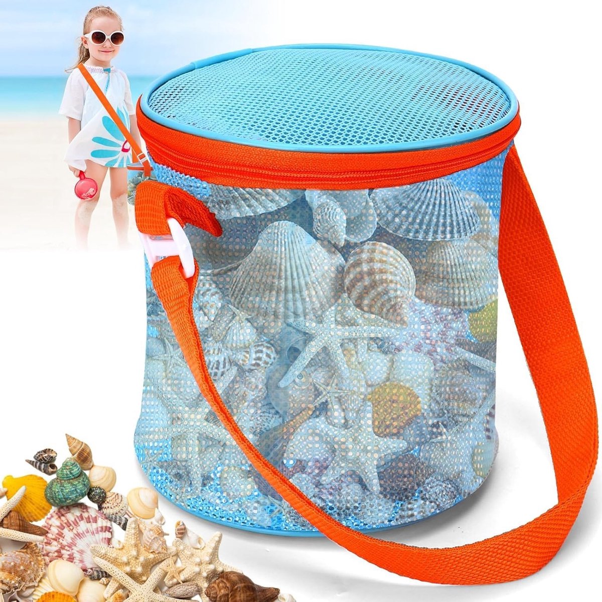Ruime speelgoedtas met verstelbare schouderbanden en ritssluitingen, perfect voor strand, vakantie en zandspelen voor kinderen