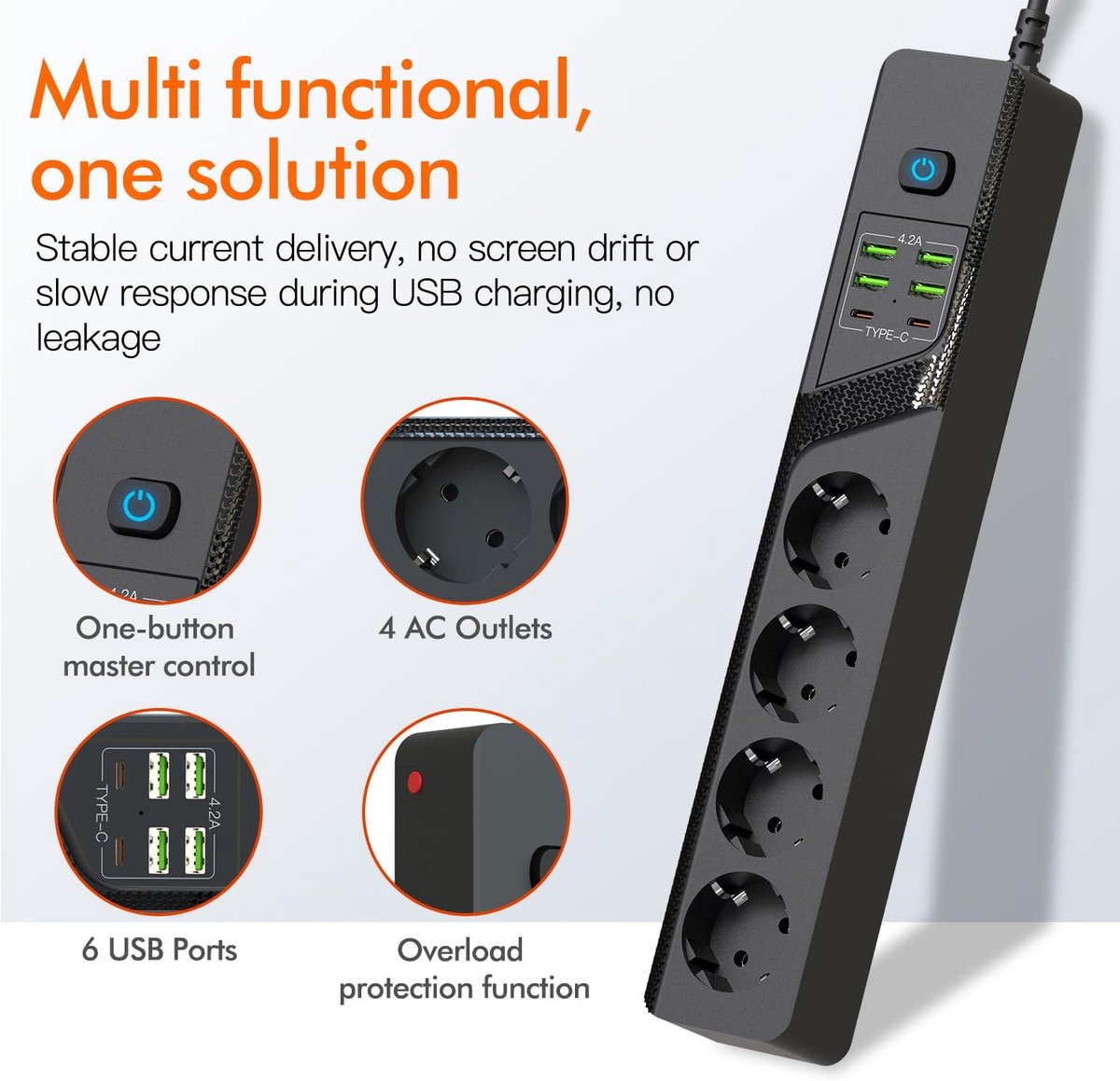 SnelShoppen - Stekkerdoos 4-voudig met USB, Wandmontage, Schakelbaar Meervoudig Stopcontact met Overspanningsbeveiliging, 1,8 m Kabel, Zwart voor Thui