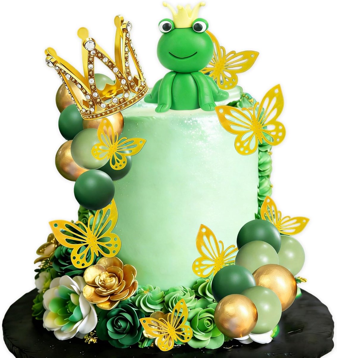 SnelShoppen - Prinsessen Taartdecoratie Set - Groene Ballen, Tiara, Frosch & Schmetterlingen - Verjaardag Decoratie voor Kinderfeestje - Taart Versier