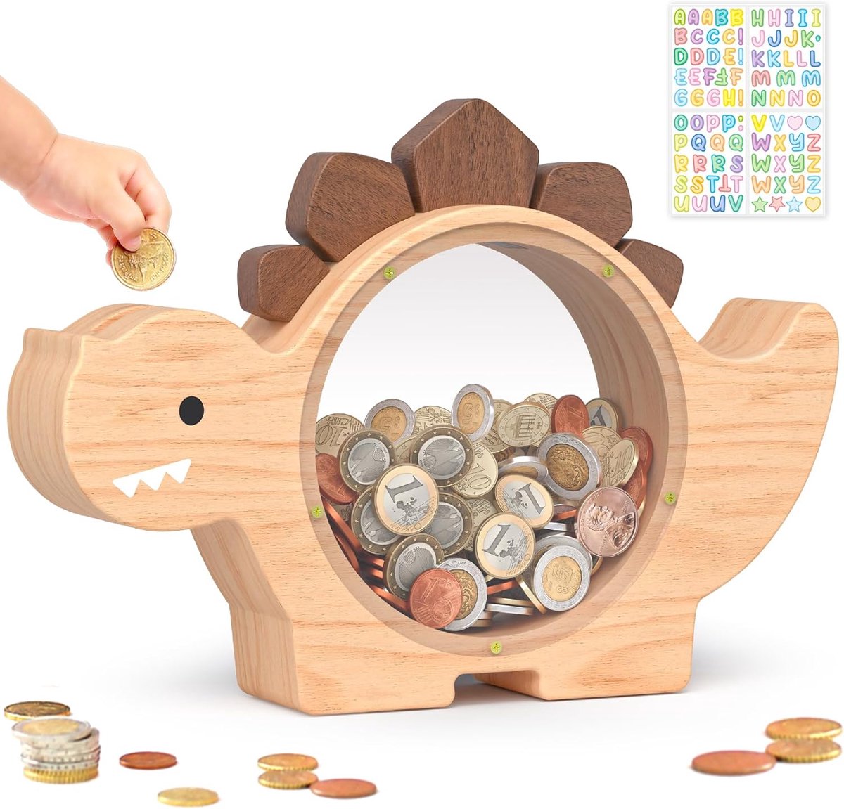 SnelShoppen - Houten Dino Spaarpot voor Kinderen, Schattige Dinosaurus Geldbox voor Peuters, Creatieve Spaarpot met Persoonlijke Sticker, Perfect Cade
