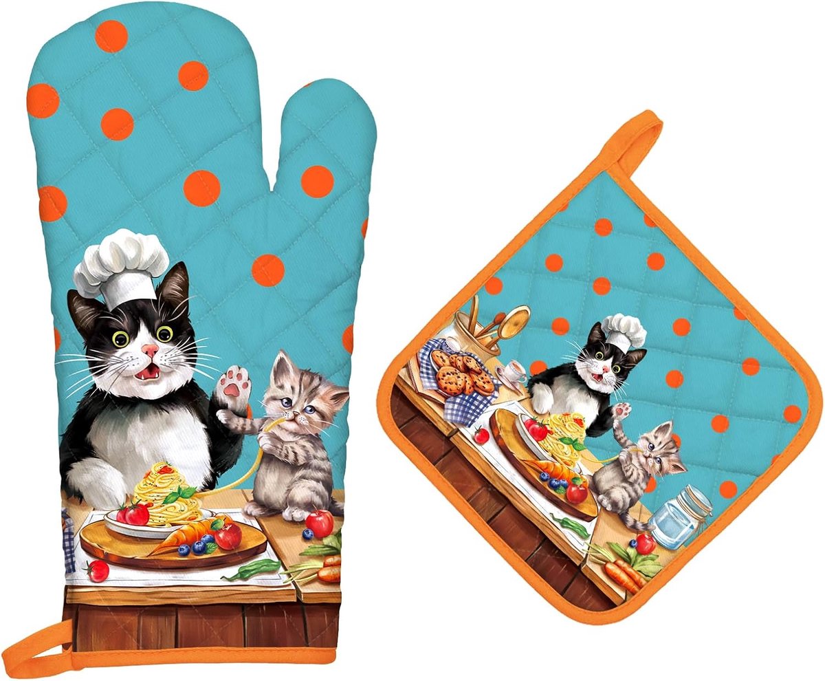 SnelShoppen - Schattige Kat Ovenwanten en Potholders Set 2 Stuks, 100% Katoen, Extra Lange Warmtebestendige Ovenhandschoenen Pothouder voor Keuken Kok