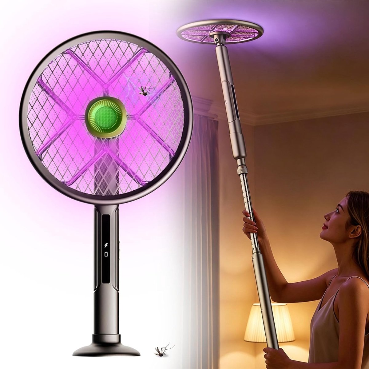 SnelShoppen - Oplaadbare Elektrische Vliegenmepper met Uitbreidbare Handgreep, Mosquito Detector en Lokkende Technologie, Geschikt voor Tuin, Camping