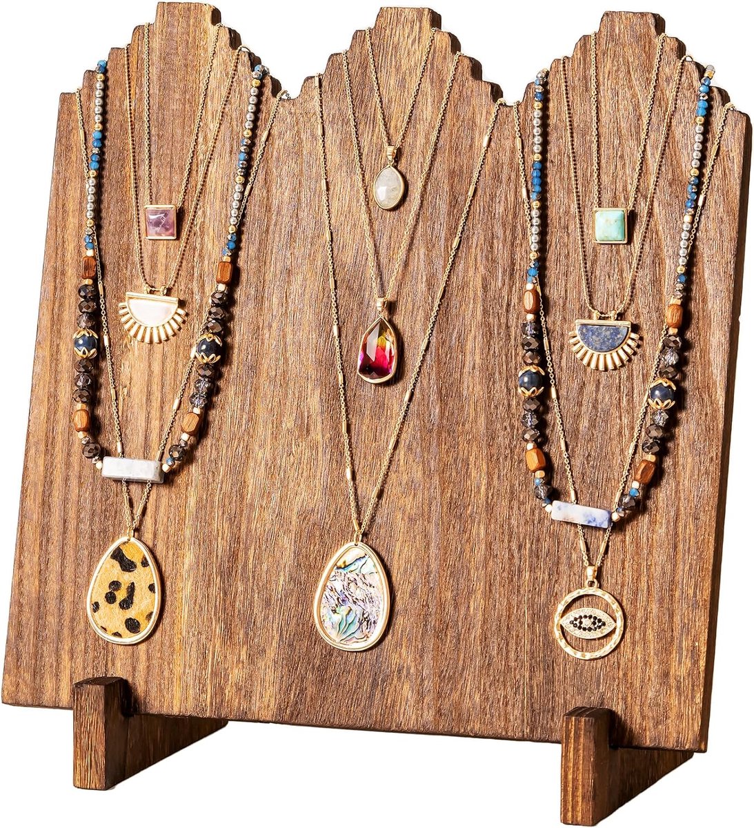 SnelShoppen - Houten Neclace Holder voor 12 Kettingen - Vrijstaand Sieraden Display Stand - Removable Haakjes - Vintage Bruin - Perfect voor Markten e