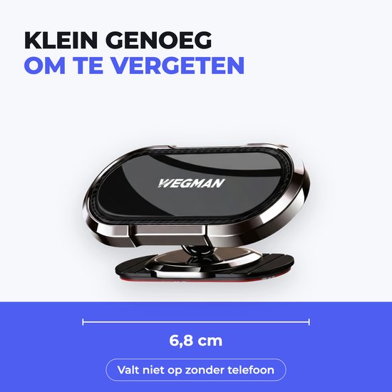 Een zwarte magnetische telefoonhouder van 6,8 cm met zilverkleurige accenten op een witte achtergrond. De tekst luidt "KLEIN GENOEG OM TE VERGETEN".