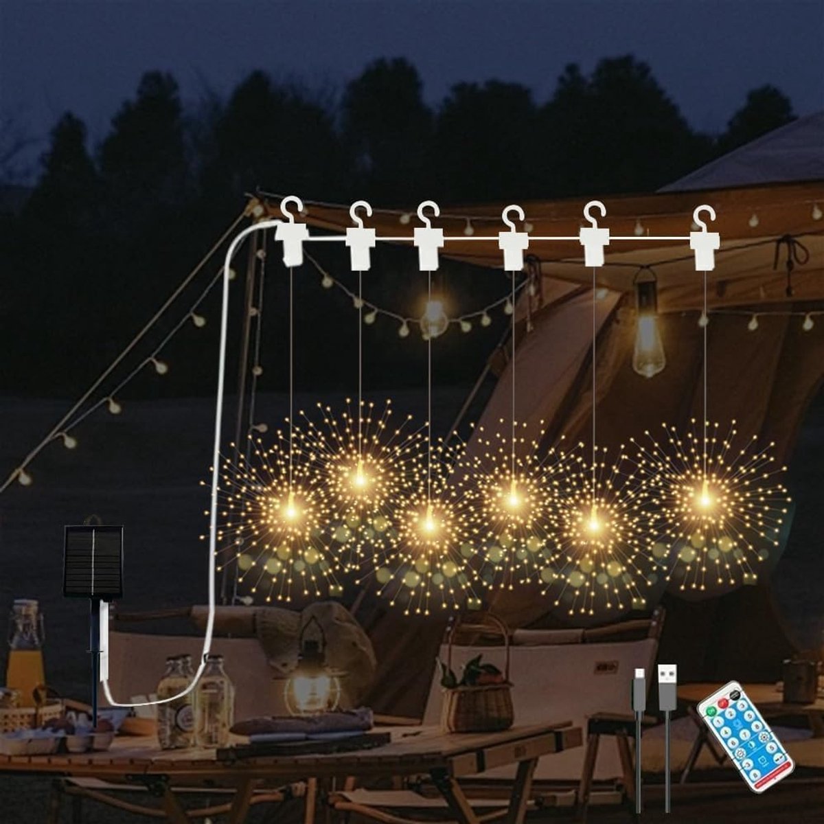 SnelShoppen - 6-Pack LED Solar Feestverlichting met Afstandsbediening, Waterproof Buitenverlichting, 8 Modi en Warm Kleur Effecten voor Tuin en Feest