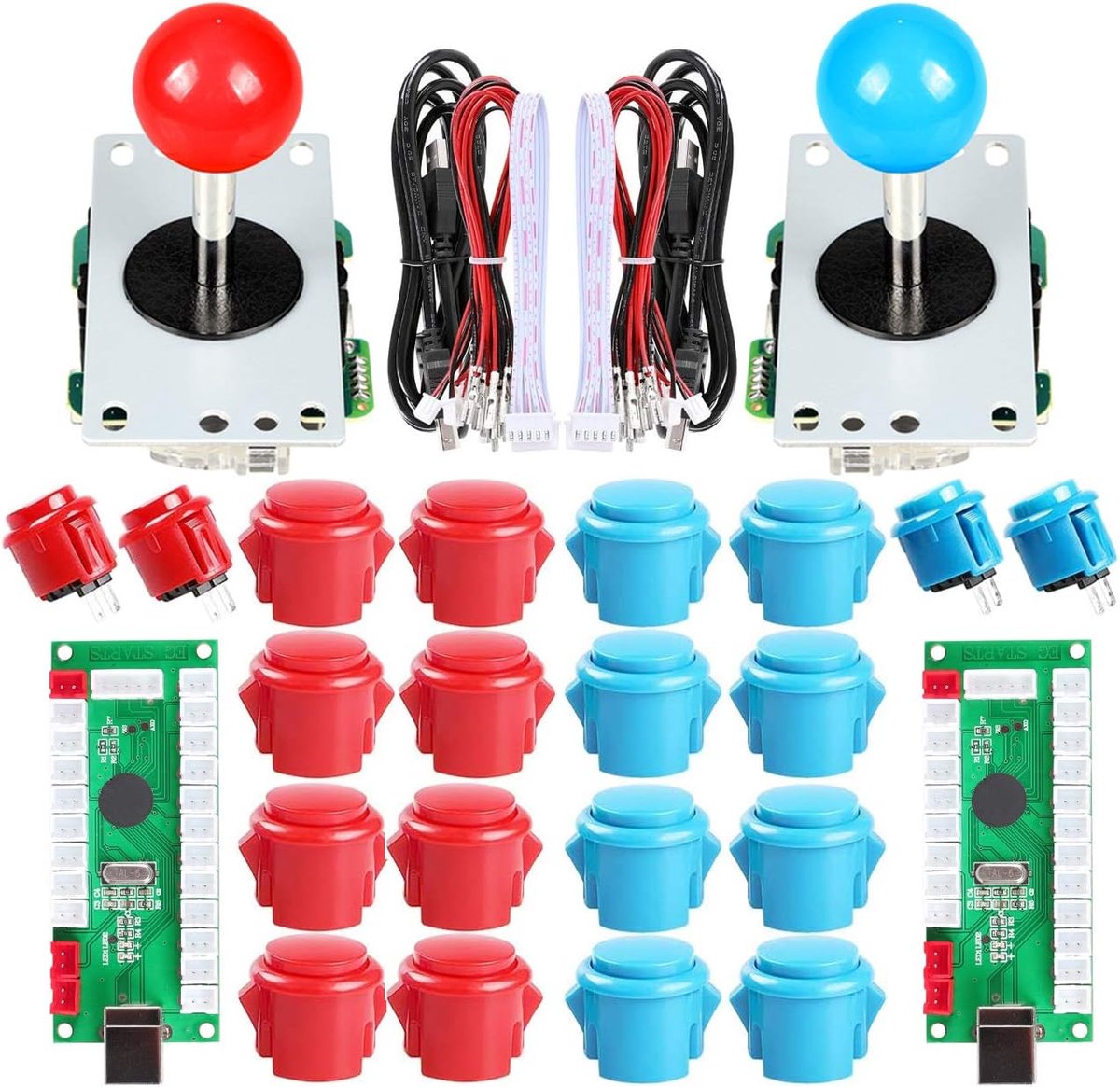 SnelShoppen - USB Controller voor 2 Spelers PC Game - 2 x 5 Pin Stick + 4 x 24mm Knoppen + 16 x 30mm Toetsen voor Arcade Games DIY Kit voor Raspberry