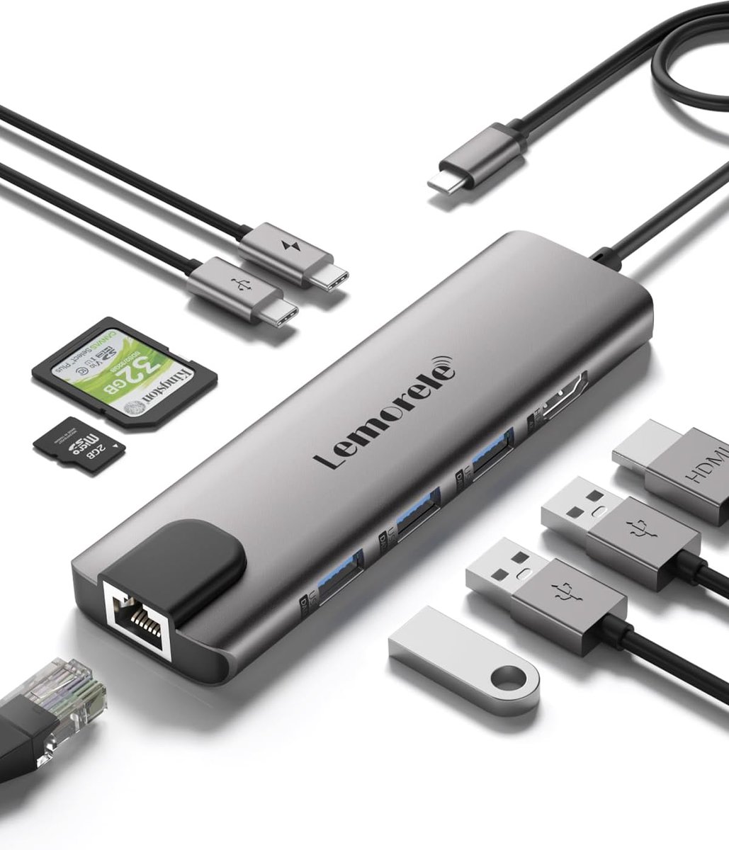 SnelShoppen - USB C HUB 9-in-1, Plug and Play, Gigabit Netwerk, 4K HDMI, 3 USB 3.0 Poorten, USB-C Data Transfer, Dubbele SD/TF Card Slots, Multifuncti
