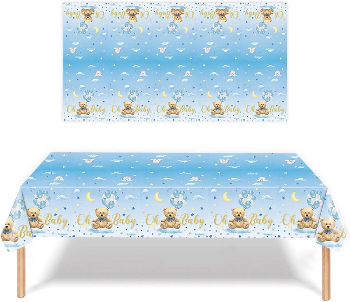 SnelShoppen - Baby Blue Bear Baby Shower Tafelkleed 137x275cm - Wegwerp Plastic Waterdicht Tafelkleed voor Baby Jongens Gender Reveal Feestdecoratie
