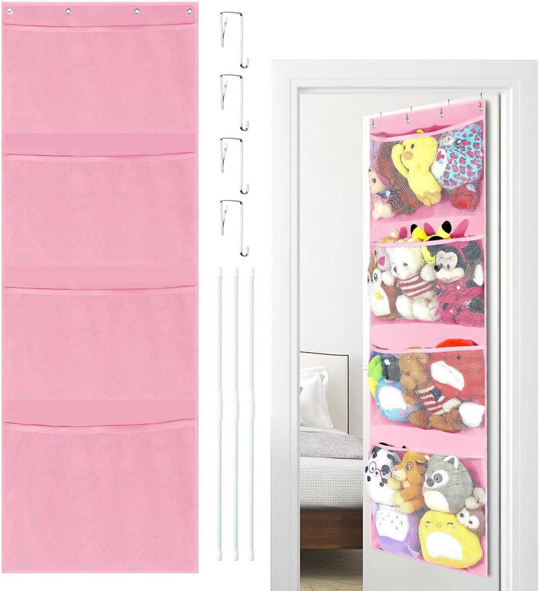 SnelShoppen - Hanging Organiser voor Knuffels, Over Deur Opberging, Speelgoedopslag, Geschikt voor Kinderkamer, 168x59cm, Ademend Materiaal, Ruimtebes