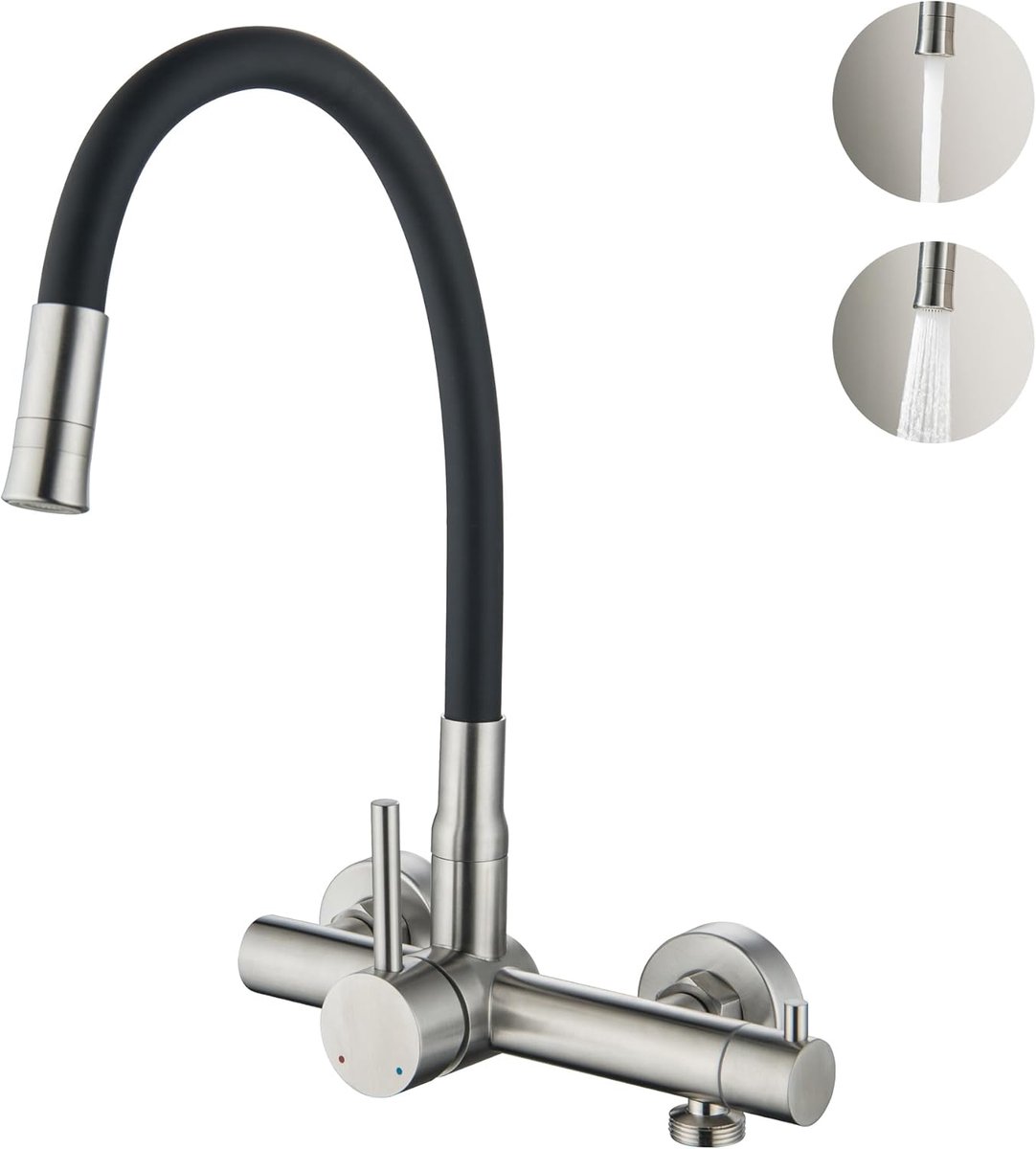 SnelShoppen - Wandkeukenmengkraan met 3/4 Inch Aansluiting voor Afwasmachine/Wasmachine, 360° Flexibele Uitloop, RVS Mengkraan met 2 Spray Modi