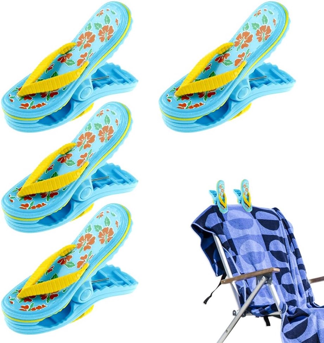 SnelShoppen - 4 Stuks Strandhanddoek Klemmen - Winddichte Plastic Clips voor Handdoeken, Badhanddoeken, Zwembad, Camping, Slippers Design, Blauw